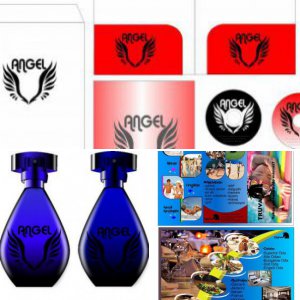 broşür , logo , parfüm şişesi ve kurumsallar
